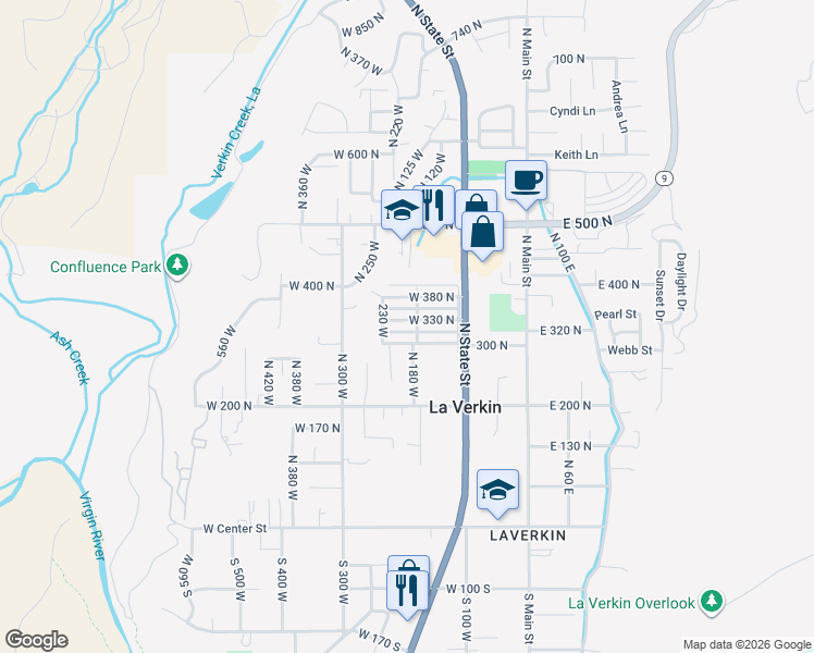 map of restaurants, bars, coffee shops, grocery stores, and more near 181 West 330 North in La Verkin