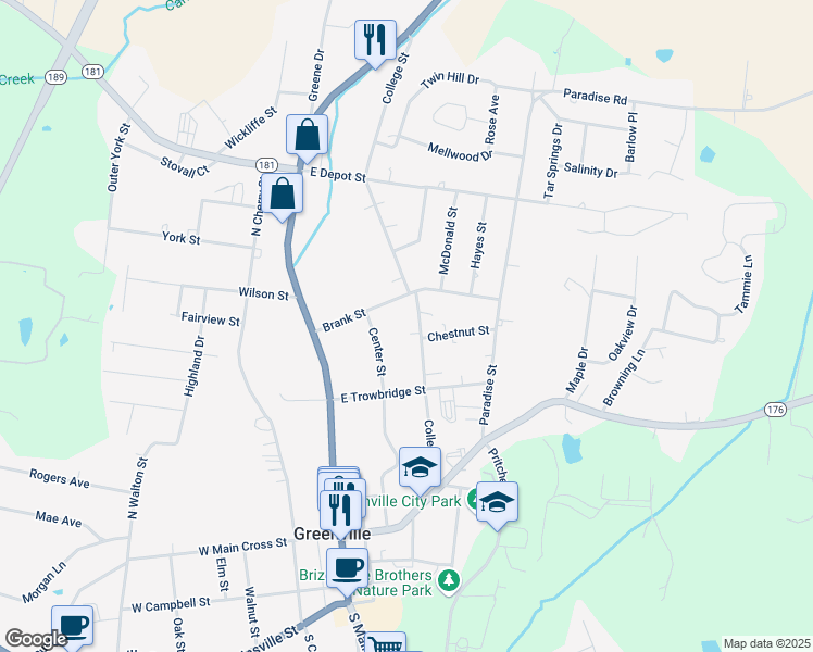 map of restaurants, bars, coffee shops, grocery stores, and more near 215-299 College Street in Greenville