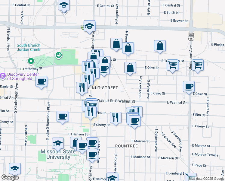 map of restaurants, bars, coffee shops, grocery stores, and more near 1312 East McDaniel Street in Springfield
