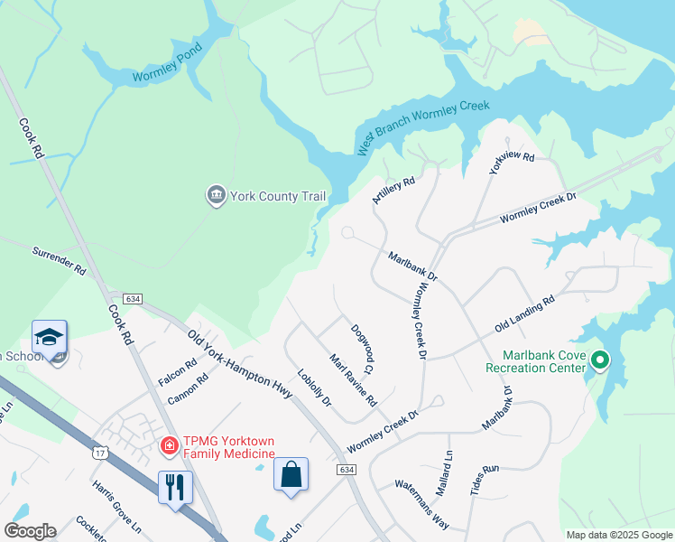 map of restaurants, bars, coffee shops, grocery stores, and more near 207 Dogwood Court in Yorktown