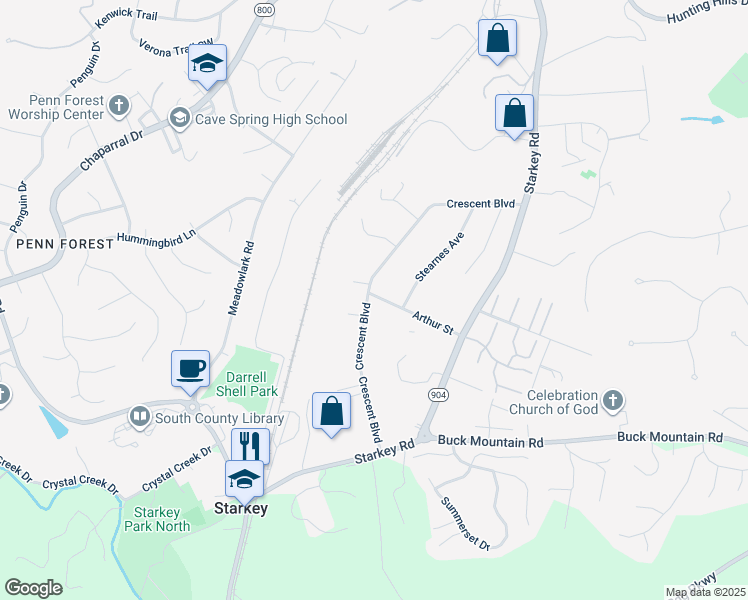 map of restaurants, bars, coffee shops, grocery stores, and more near 5606 Crescent Boulevard in Cave Spring