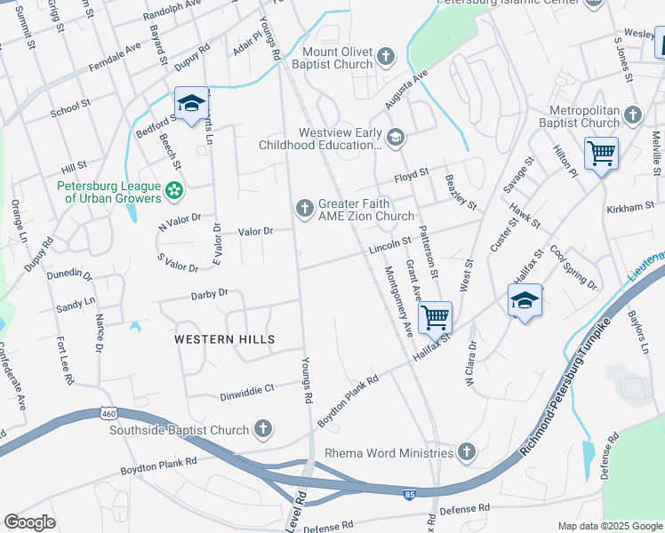 map of restaurants, bars, coffee shops, grocery stores, and more near 1660 Lincoln Street in Petersburg