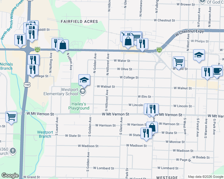 map of restaurants, bars, coffee shops, grocery stores, and more near 2924 West Walnut Street in Springfield