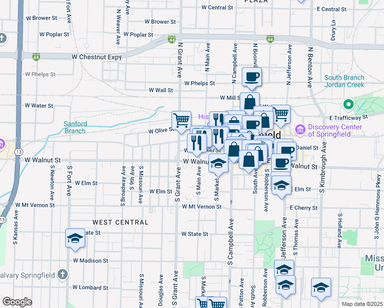 map of restaurants, bars, coffee shops, grocery stores, and more near 535 West Walnut Street in Springfield
