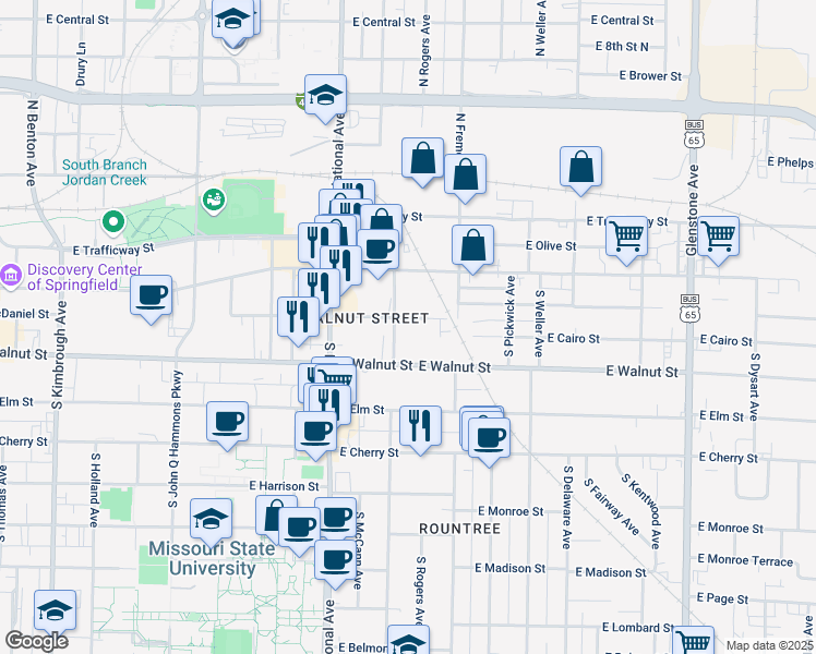 map of restaurants, bars, coffee shops, grocery stores, and more near 1312 East McDaniel Street in Springfield