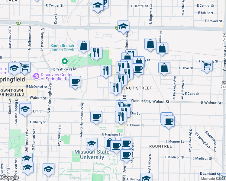 map of restaurants, bars, coffee shops, grocery stores, and more near 315 South Florence Avenue in Springfield