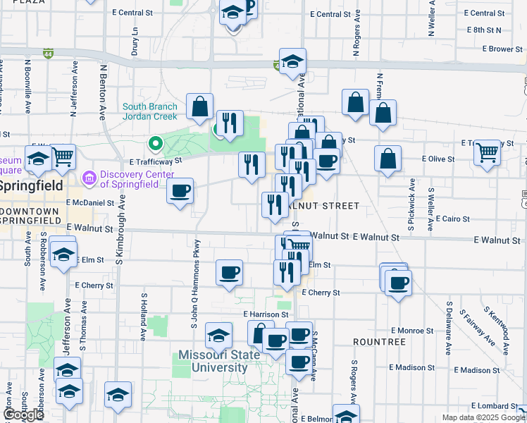 map of restaurants, bars, coffee shops, grocery stores, and more near 315 South Florence Avenue in Springfield