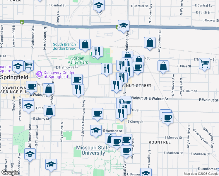 map of restaurants, bars, coffee shops, grocery stores, and more near 319 South Hampton Avenue in Springfield