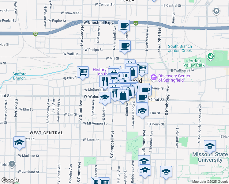 map of restaurants, bars, coffee shops, grocery stores, and more near 322 South Campbell Avenue in Springfield