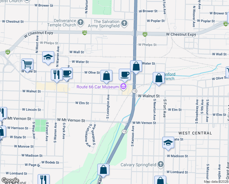 map of restaurants, bars, coffee shops, grocery stores, and more near 1727 West Walnut Street in Springfield