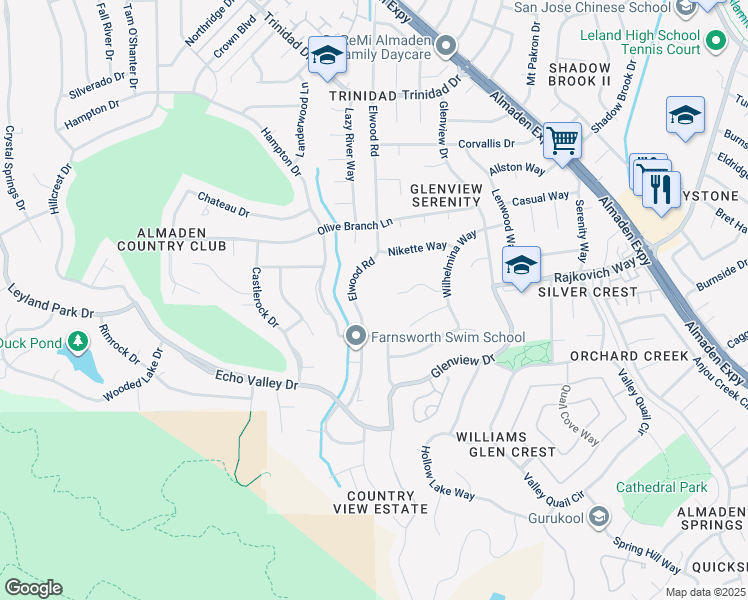 map of restaurants, bars, coffee shops, grocery stores, and more near 6838 Elwood Road in San Jose