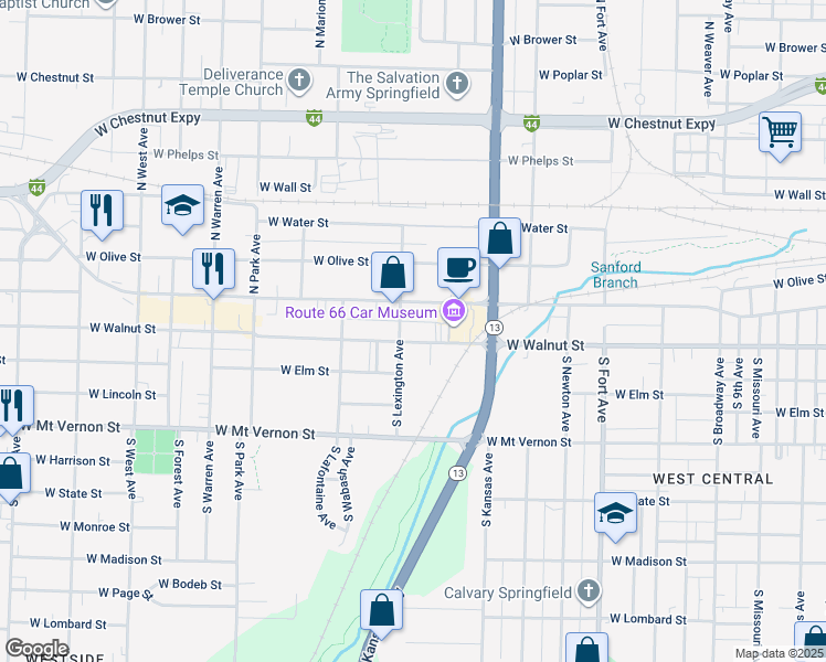 map of restaurants, bars, coffee shops, grocery stores, and more near 1727 West Walnut Street in Springfield