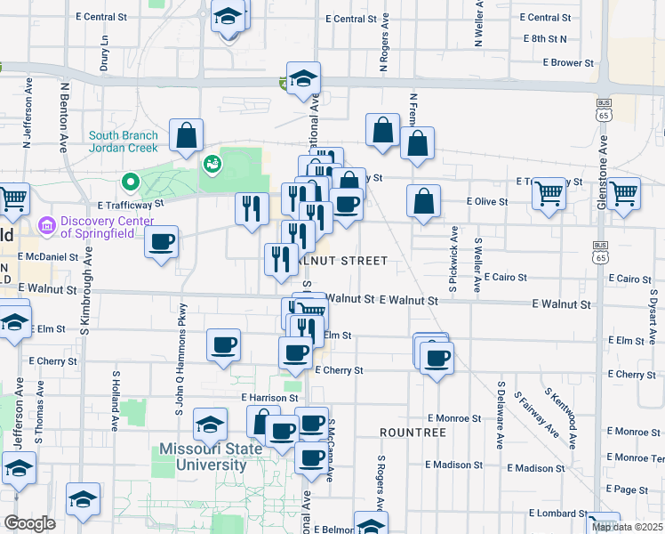 map of restaurants, bars, coffee shops, grocery stores, and more near 1230 East McDaniel Street in Springfield