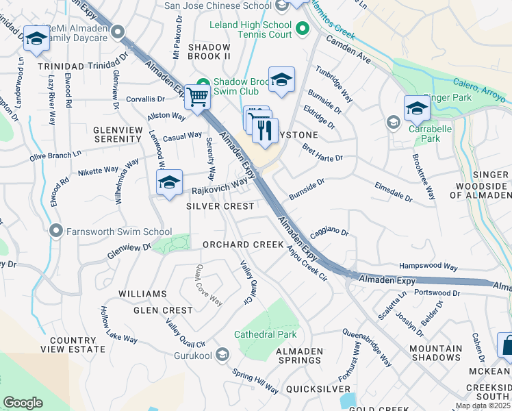 map of restaurants, bars, coffee shops, grocery stores, and more near 7003 Silver Brook Court in San Jose