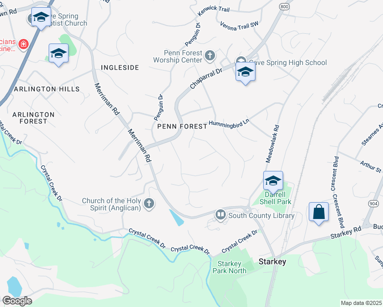 map of restaurants, bars, coffee shops, grocery stores, and more near 2701 Bobolink Lane in Cave Spring