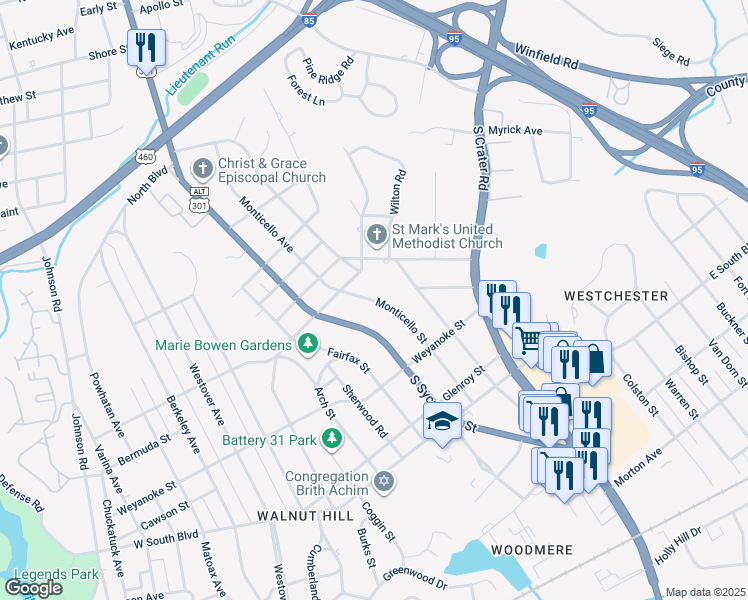 map of restaurants, bars, coffee shops, grocery stores, and more near 1747 Monticello Avenue in Petersburg