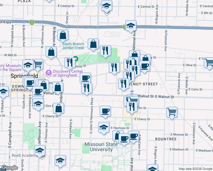 map of restaurants, bars, coffee shops, grocery stores, and more near 1004 East McDaniel Street in Springfield