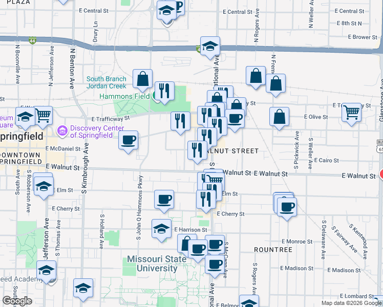 map of restaurants, bars, coffee shops, grocery stores, and more near 315 South Florence Avenue in Springfield