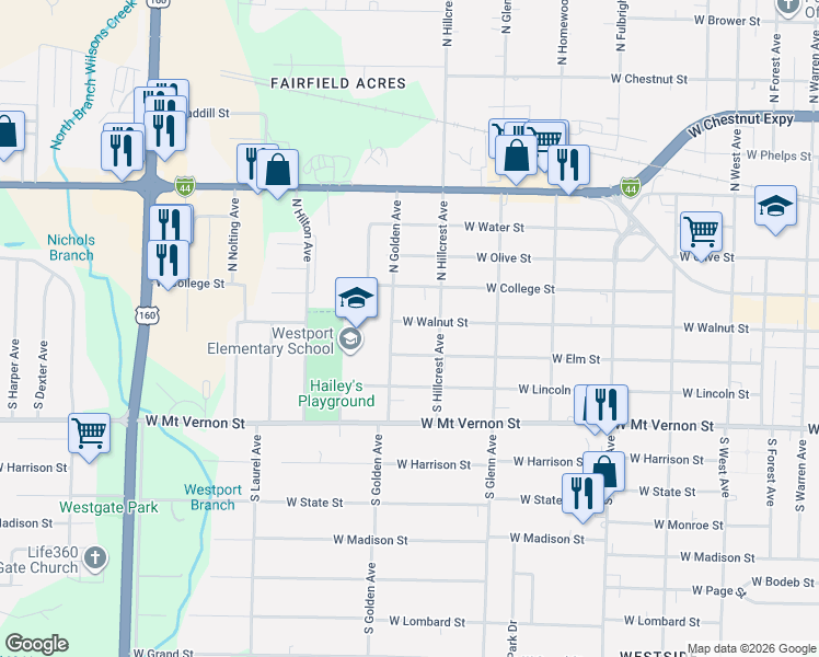 map of restaurants, bars, coffee shops, grocery stores, and more near 424 South Golden Avenue in Springfield