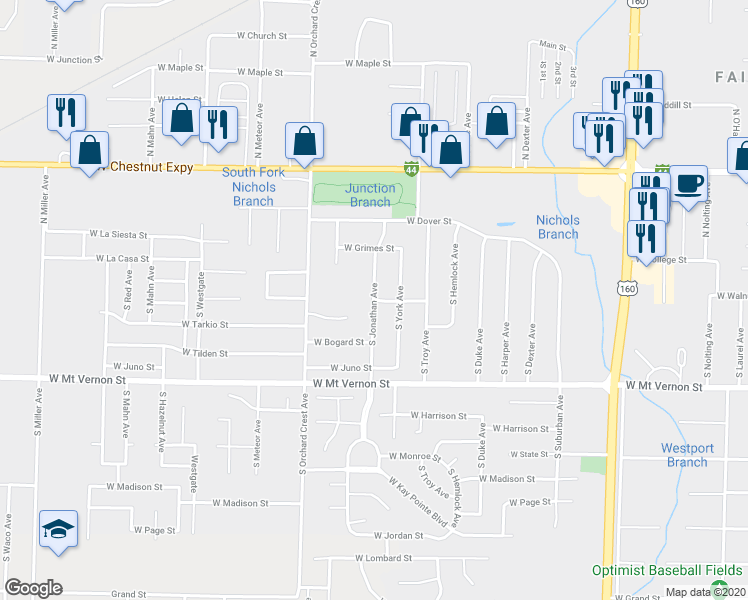 map of restaurants, bars, coffee shops, grocery stores, and more near 3998 West White Pine Street in Springfield
