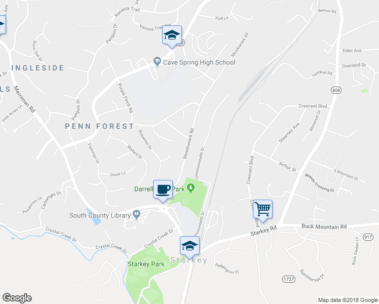 map of restaurants, bars, coffee shops, grocery stores, and more near 3828 Meadowlark Road in Cave Spring