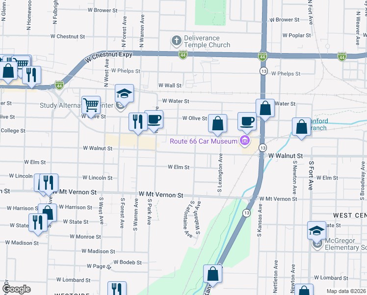 map of restaurants, bars, coffee shops, grocery stores, and more near 2036 West Walnut Street in Springfield