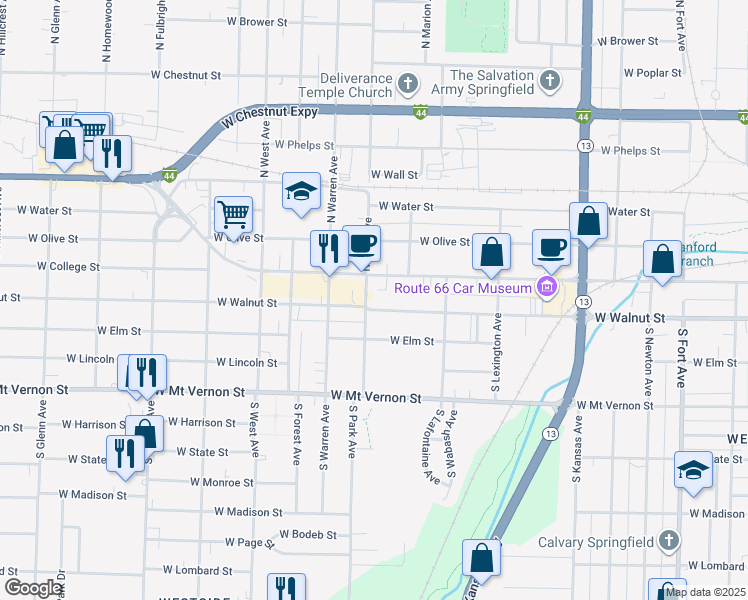 map of restaurants, bars, coffee shops, grocery stores, and more near 2136 West Walnut Street in Springfield