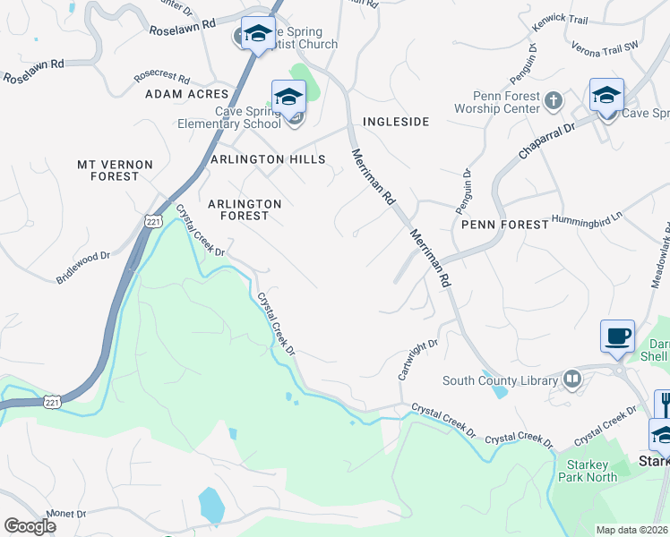 map of restaurants, bars, coffee shops, grocery stores, and more near 4035 Woodridge Drive in Cave Spring