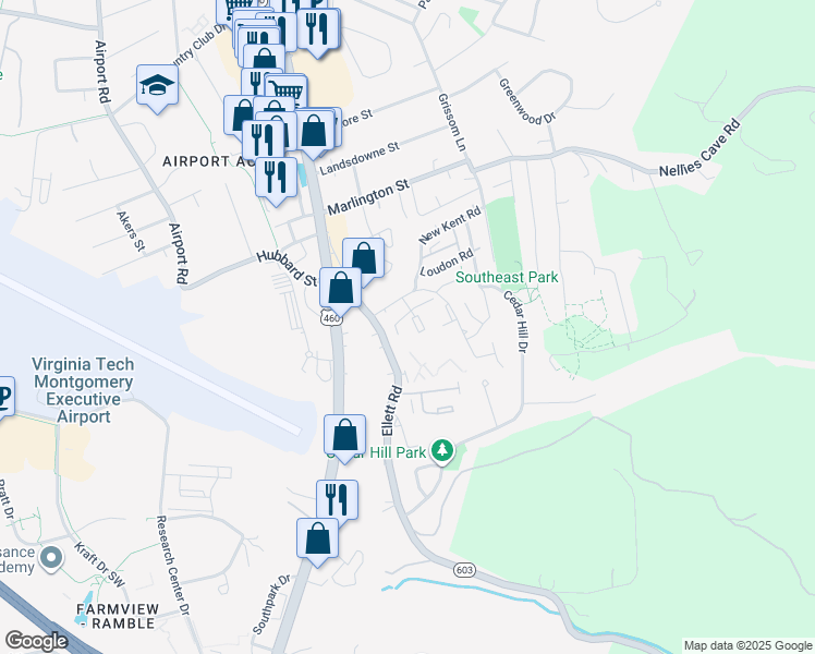 map of restaurants, bars, coffee shops, grocery stores, and more near 1790 Liberty Lane in Blacksburg