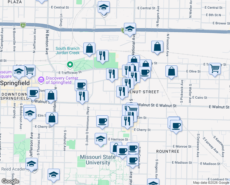map of restaurants, bars, coffee shops, grocery stores, and more near 319 South Hampton Avenue in Springfield