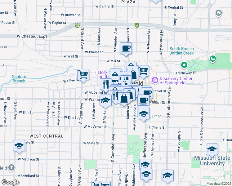 map of restaurants, bars, coffee shops, grocery stores, and more near 322 South Campbell Avenue in Springfield