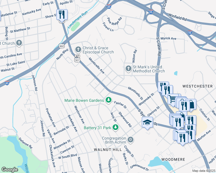 map of restaurants, bars, coffee shops, grocery stores, and more near 1701 South Sycamore Street in Petersburg