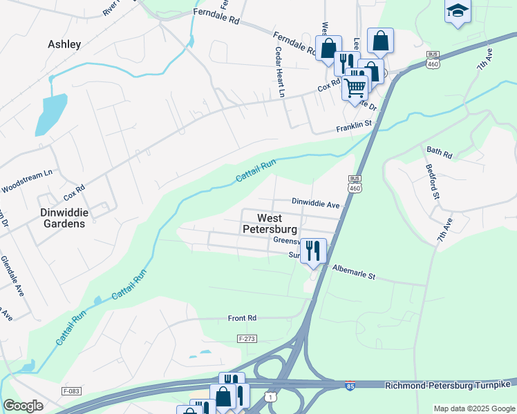 map of restaurants, bars, coffee shops, grocery stores, and more near 25612 Nottoway Avenue in Petersburg