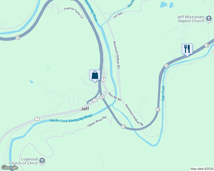 map of restaurants, bars, coffee shops, grocery stores, and more near 150 Kentucky 7 in Jeff