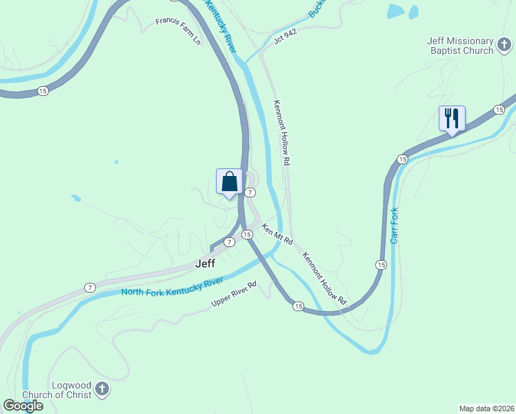 map of restaurants, bars, coffee shops, grocery stores, and more near 150 Kentucky 7 in Jeff