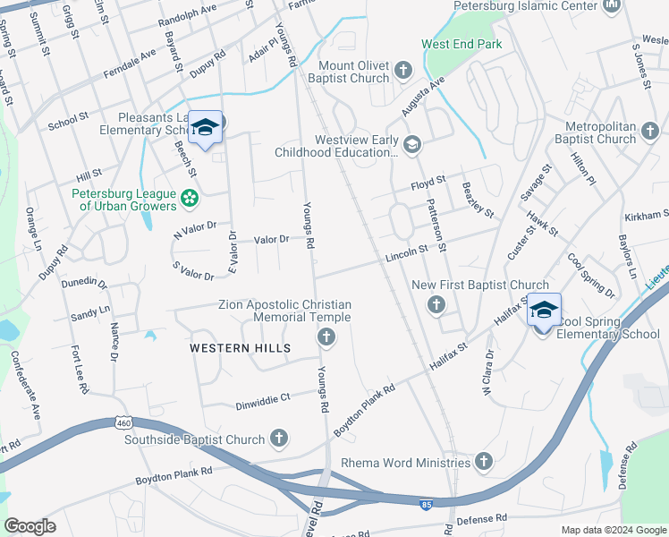 map of restaurants, bars, coffee shops, grocery stores, and more near 1641 Lincoln Street in Petersburg