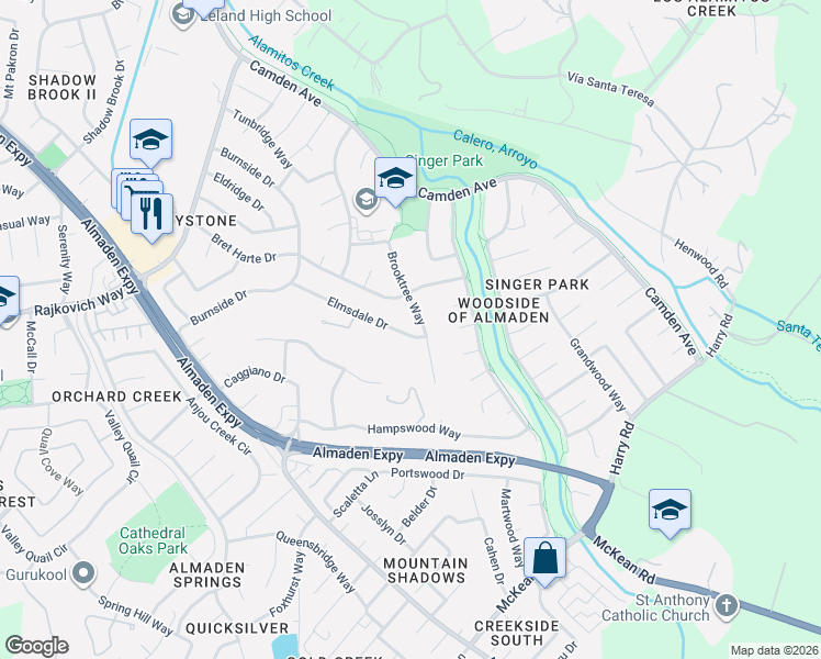 map of restaurants, bars, coffee shops, grocery stores, and more near 7081 Elmsdale Drive in San Jose