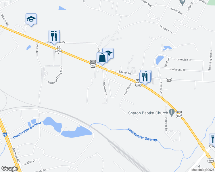 map of restaurants, bars, coffee shops, grocery stores, and more near 1144 East Normandale Avenue in Petersburg