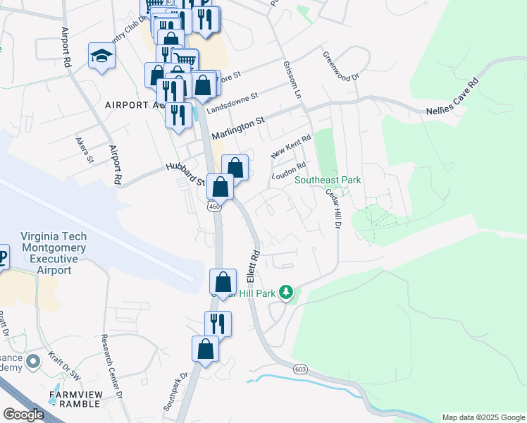 map of restaurants, bars, coffee shops, grocery stores, and more near 1790 Liberty Lane in Blacksburg