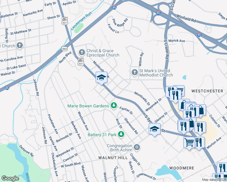map of restaurants, bars, coffee shops, grocery stores, and more near 1701 South Sycamore Street in Petersburg