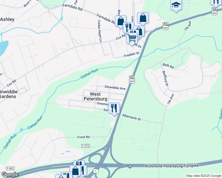 map of restaurants, bars, coffee shops, grocery stores, and more near 25803 Dinwiddie Avenue in Petersburg