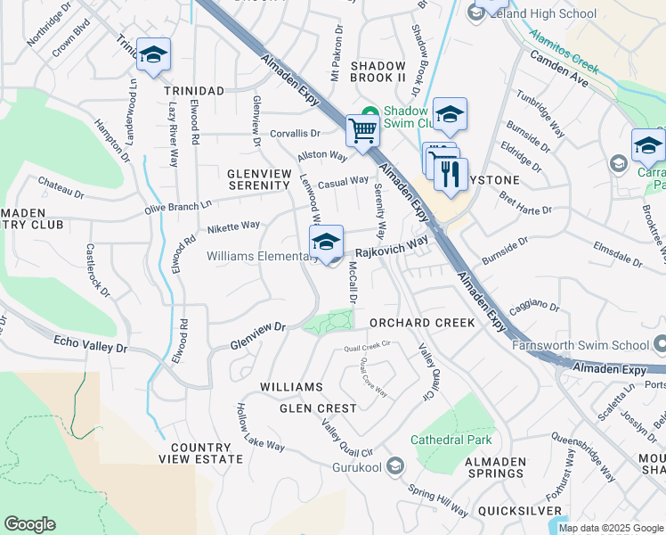 map of restaurants, bars, coffee shops, grocery stores, and more near 1150 Rajkovich Way in San Jose