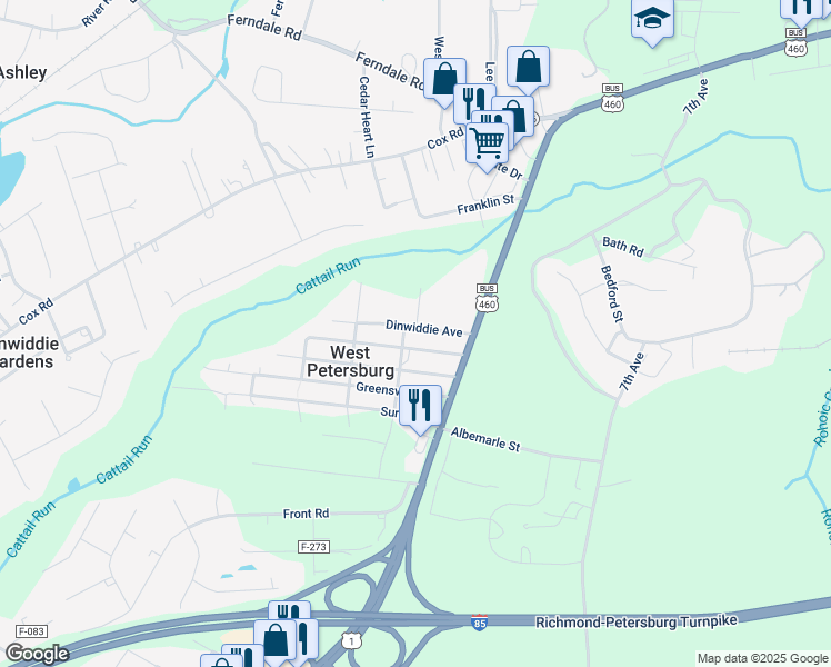 map of restaurants, bars, coffee shops, grocery stores, and more near 25807 Dinwiddie Avenue in Petersburg