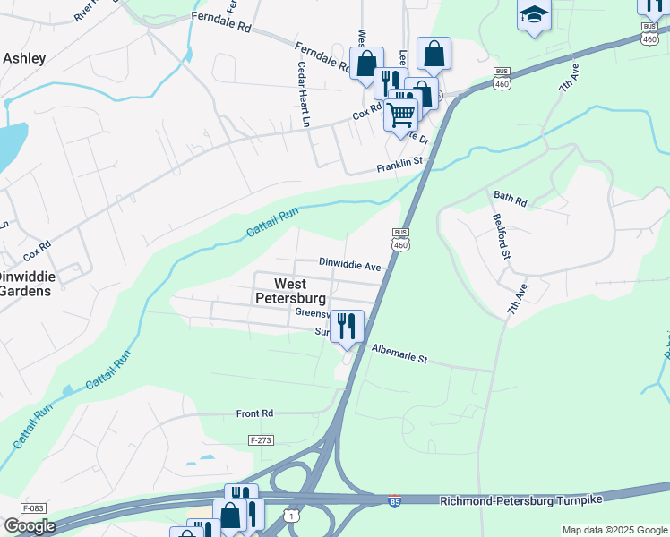 map of restaurants, bars, coffee shops, grocery stores, and more near 25803 Dinwiddie Avenue in Petersburg