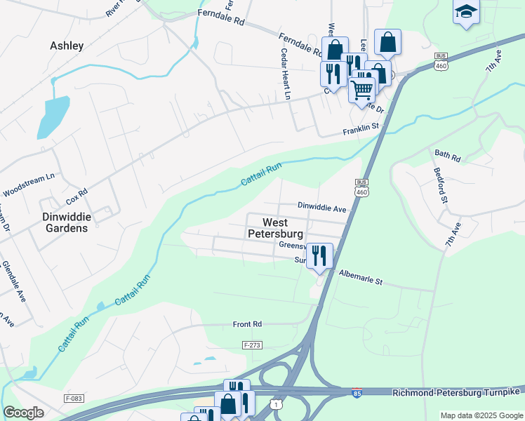map of restaurants, bars, coffee shops, grocery stores, and more near 25612 Nottoway Avenue in Petersburg