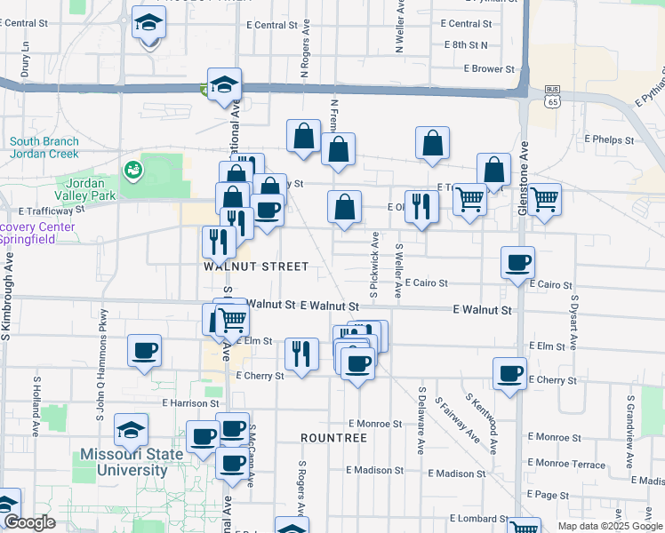 map of restaurants, bars, coffee shops, grocery stores, and more near East McDaniel Street in Springfield