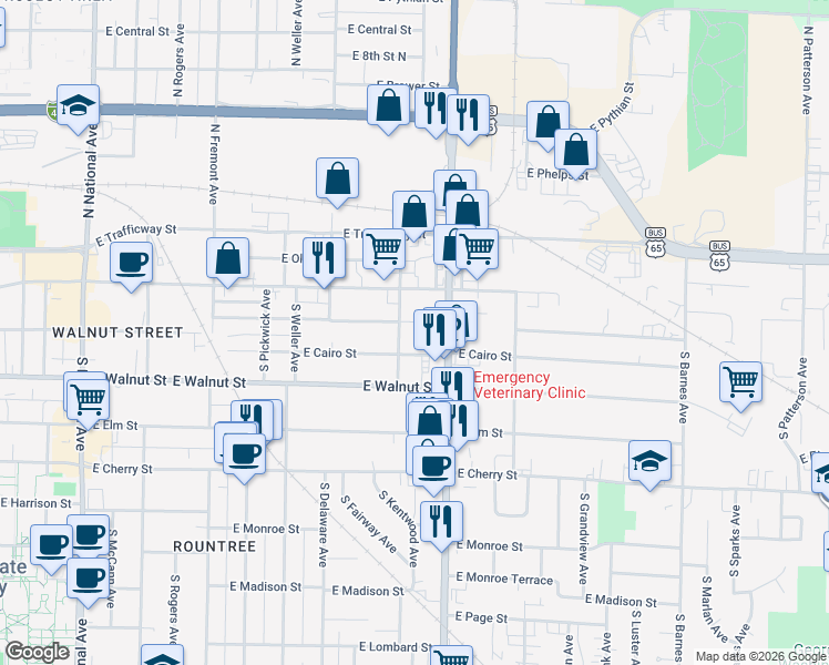 map of restaurants, bars, coffee shops, grocery stores, and more near 313 South Glenstone Avenue in Springfield