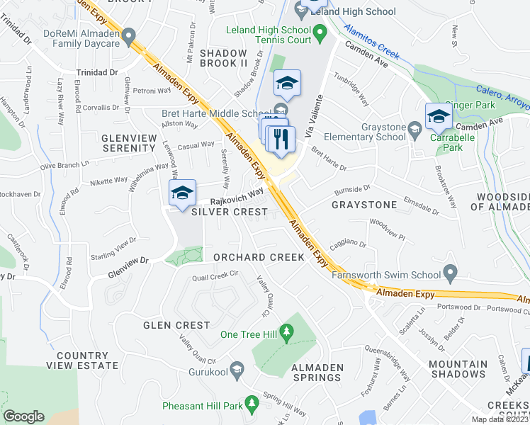 map of restaurants, bars, coffee shops, grocery stores, and more near Silver Hill Drive & Silver Star Court in San Jose