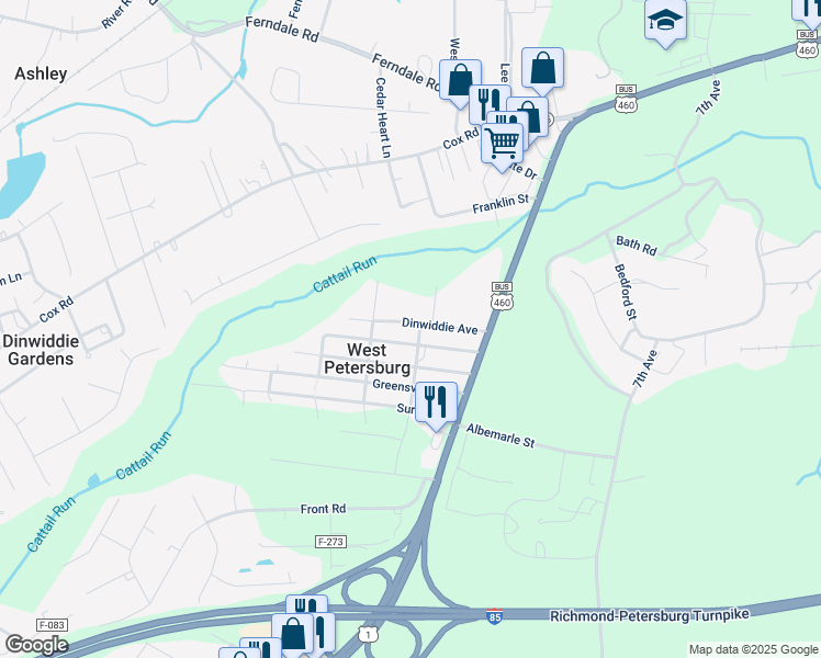 map of restaurants, bars, coffee shops, grocery stores, and more near 25719 Dinwiddie Avenue in Petersburg