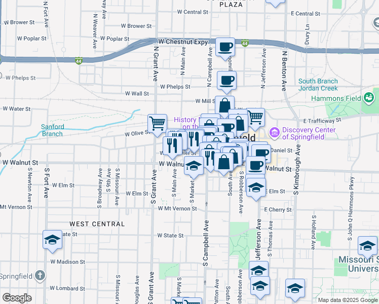 map of restaurants, bars, coffee shops, grocery stores, and more near 431 West Walnut Street in Springfield
